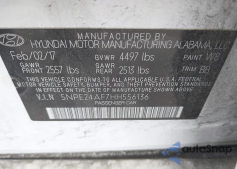 2017 Hyundai Sonata Se z USA, uszkodzony, nr VIN 5NPE24AF7HH556136